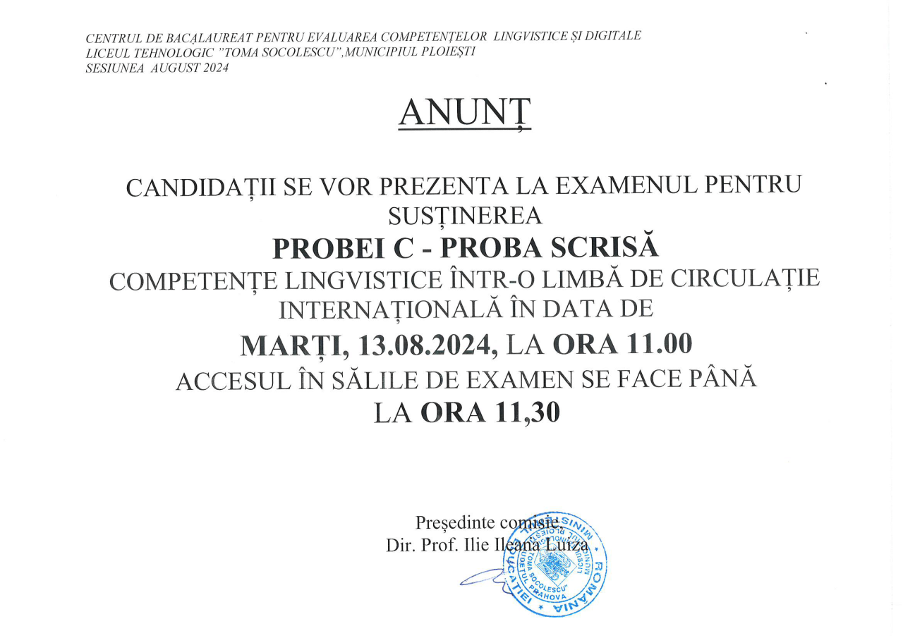 PROGRAMARE PROBE COMPETENȚE BAC AUGUST 2024