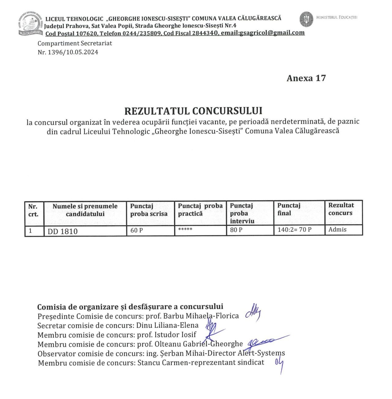 ANUNȚ ORGANIZARE CONCURS OCUPARE POST PAZNIC