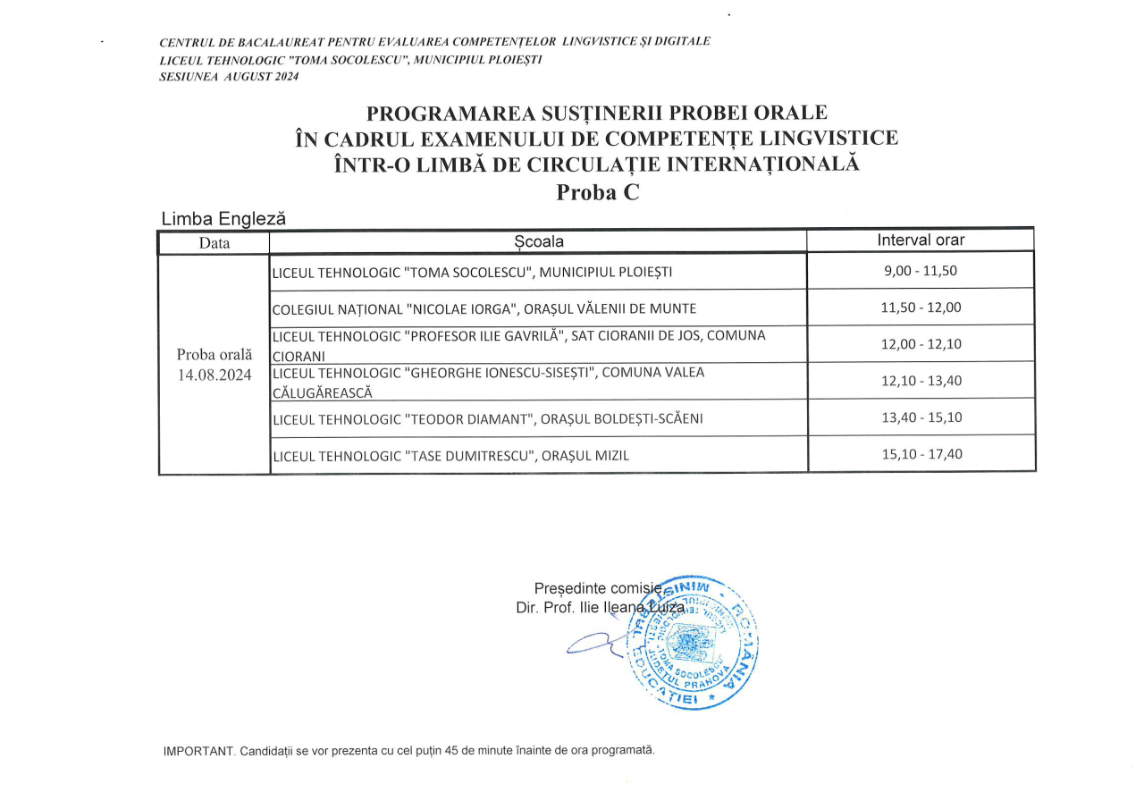 PROGRAMARE PROBE COMPETENȚE BAC AUGUST 2024