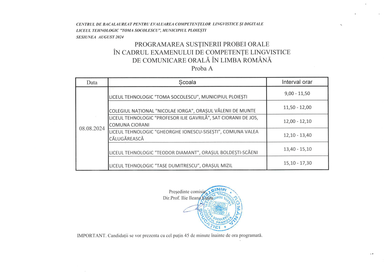 PROGRAMARE PROBE COMPETENȚE BAC AUGUST 2024