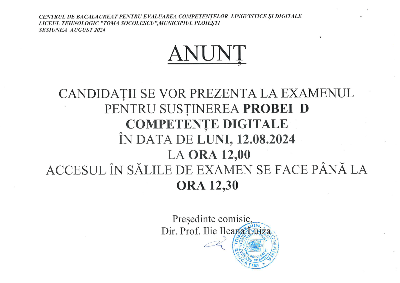 PROGRAMARE PROBE COMPETENȚE BAC AUGUST 2024