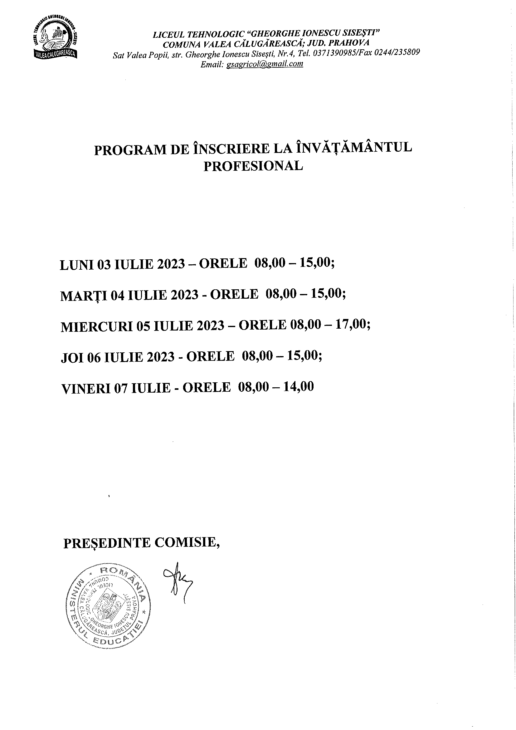 ACTE NECESARE ÎNSCRIERE ÎNVĂȚĂMÂNT PROFESIONAL