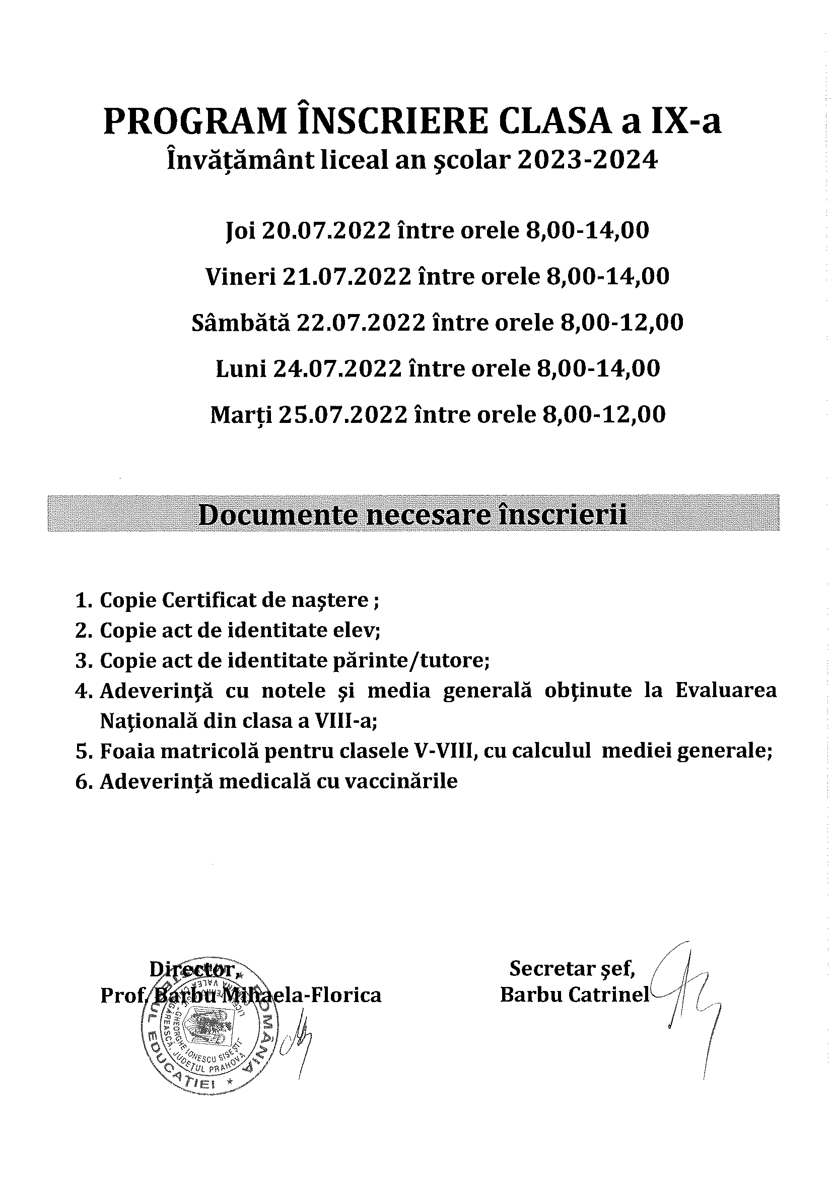 ANUNȚ ADMITERE