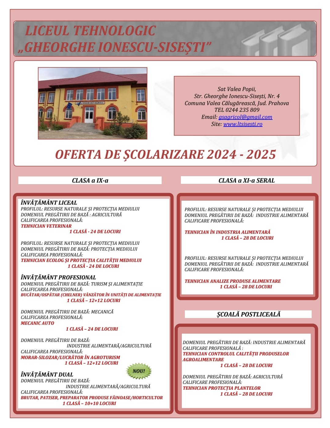 OFERTĂ DE ȘCOLARIZARE 2024 - 2025