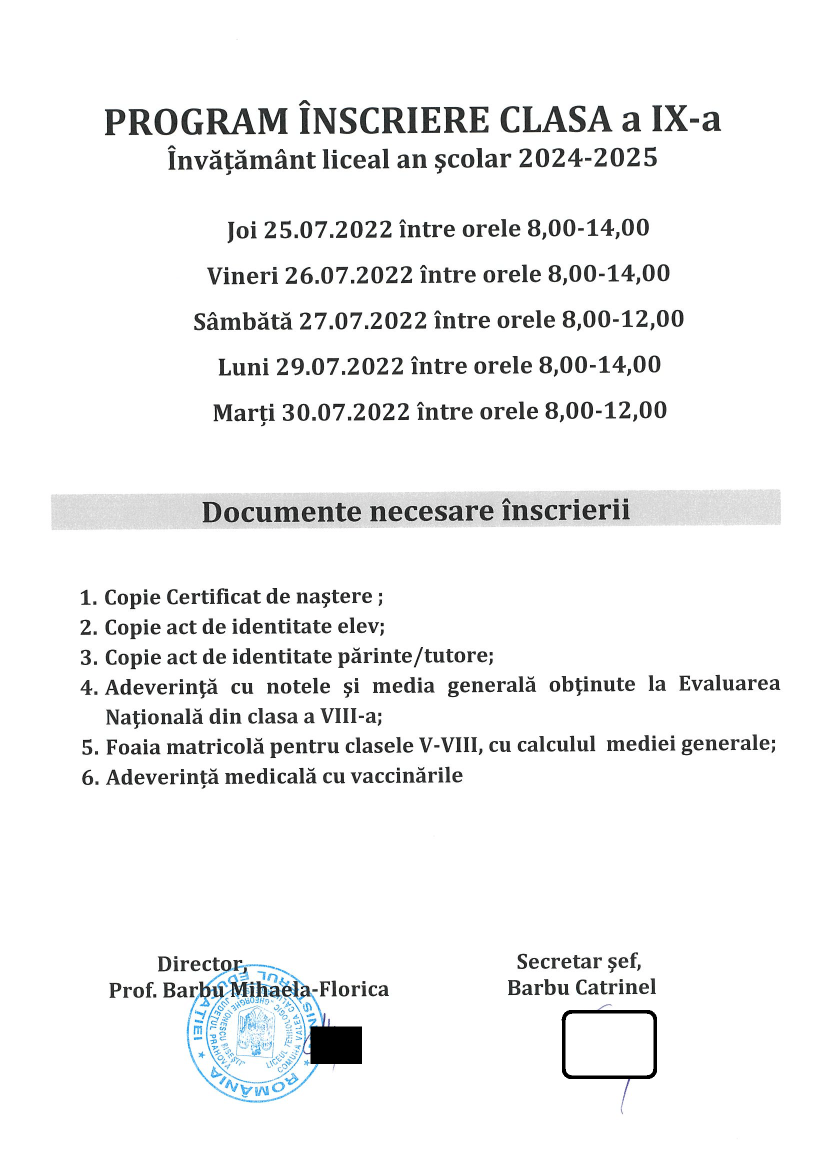PROGRAM ÎNSCRIERE CLASA A IX-A - AN ȘCOLAR 2024-2025