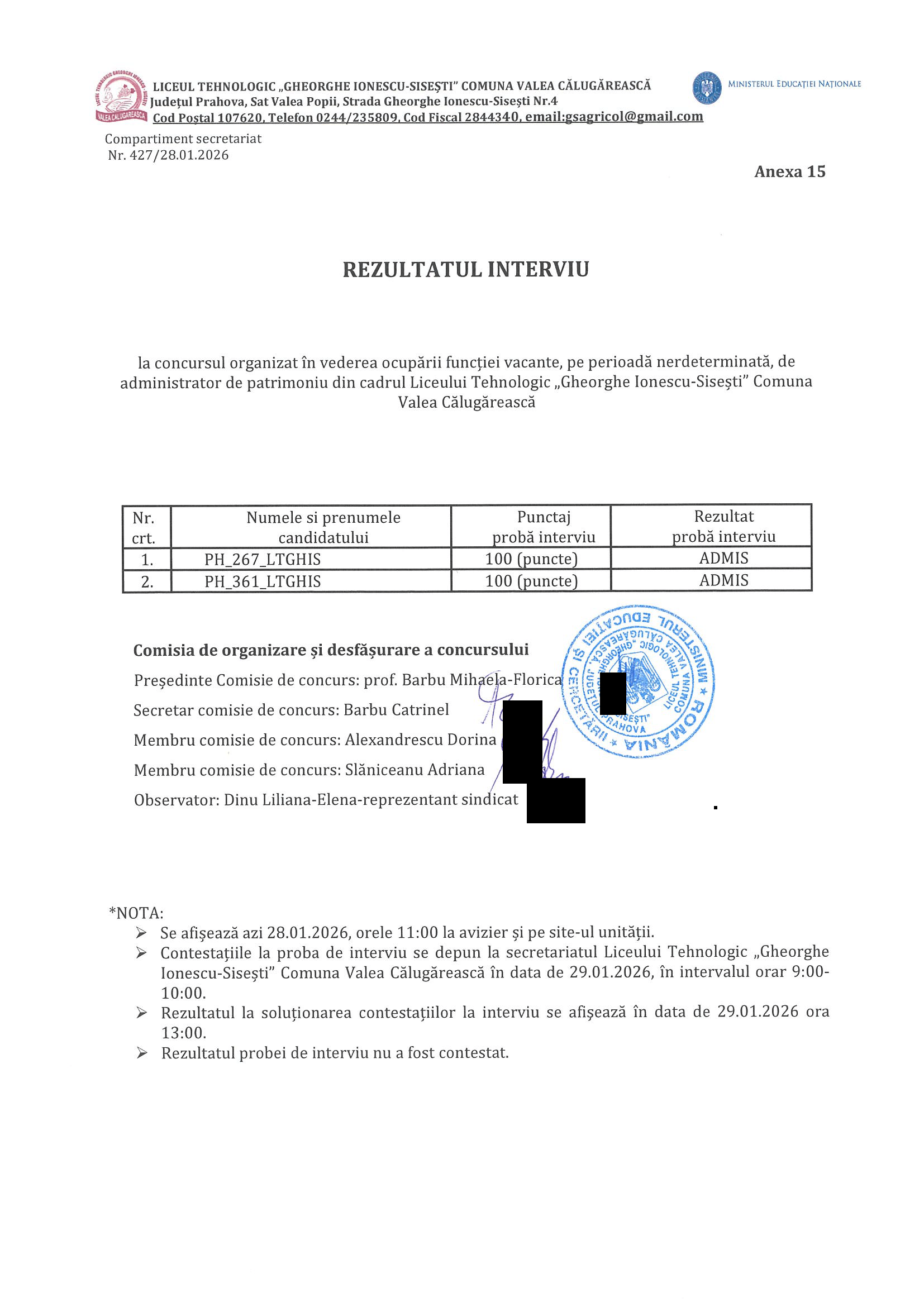 REZULTATE PROBA INTERVIU CONCURS OCUPARE POST VACANT