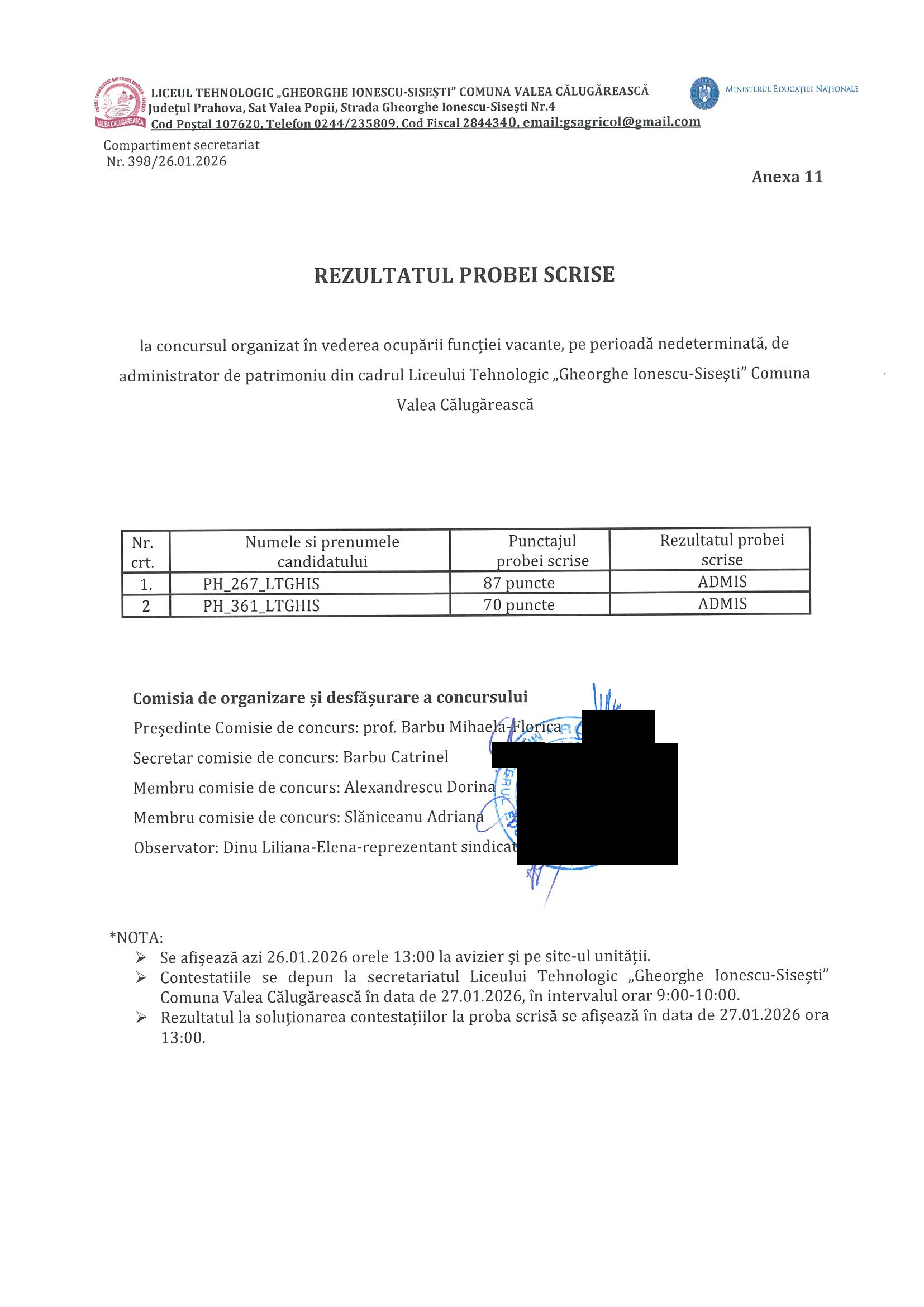 REZULTATE PROBA SCRISA CONCURS OCUPARE POST VACANT
