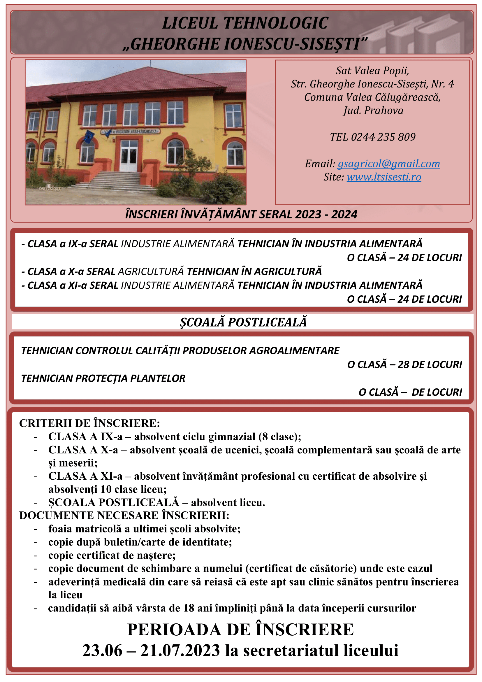 ÎNSCRIERE ÎNVĂȚĂMÂNT SERAL 2023-2024