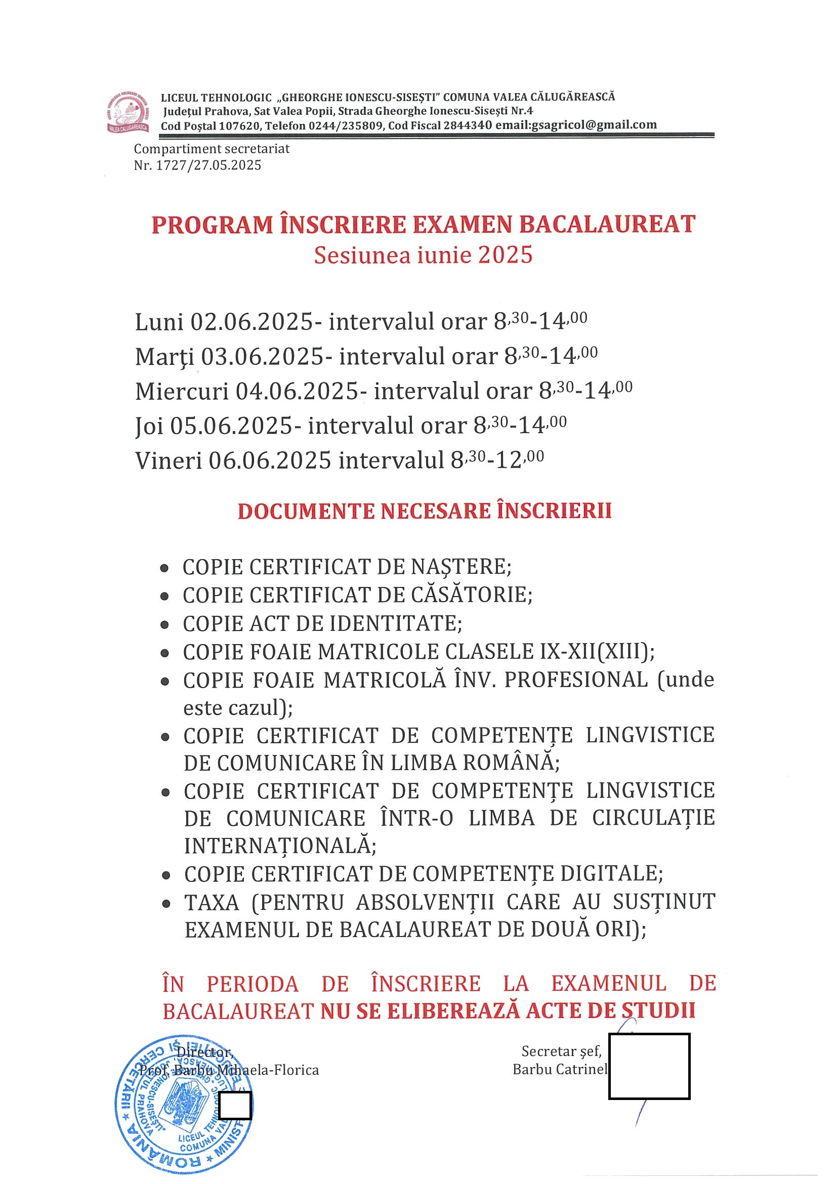 PROGRAM BAC 2025 ȘI CERERI DE ÎNSCRIERE