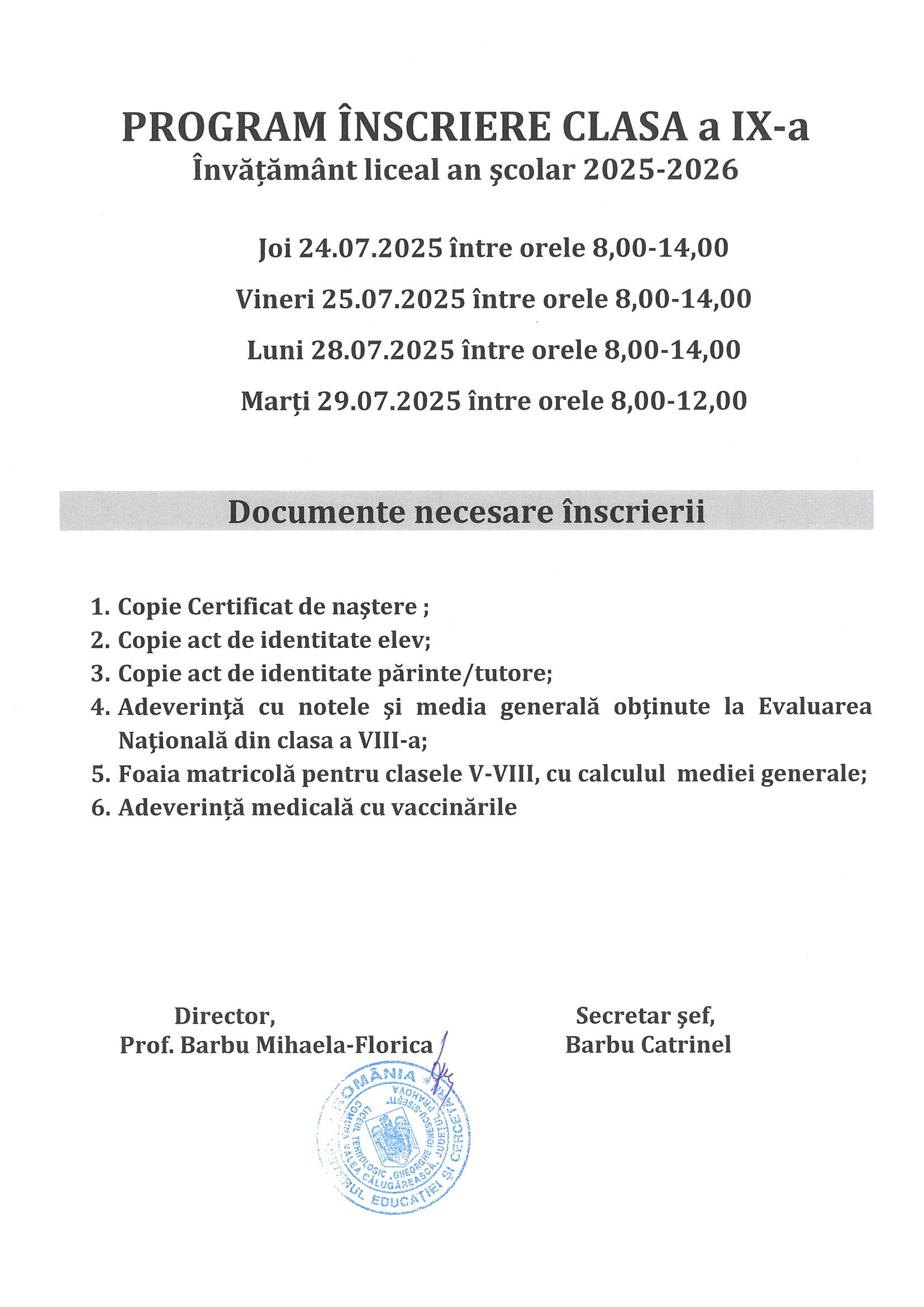 PROGRAM ÎNSCRIERE LICEU 2025-2026