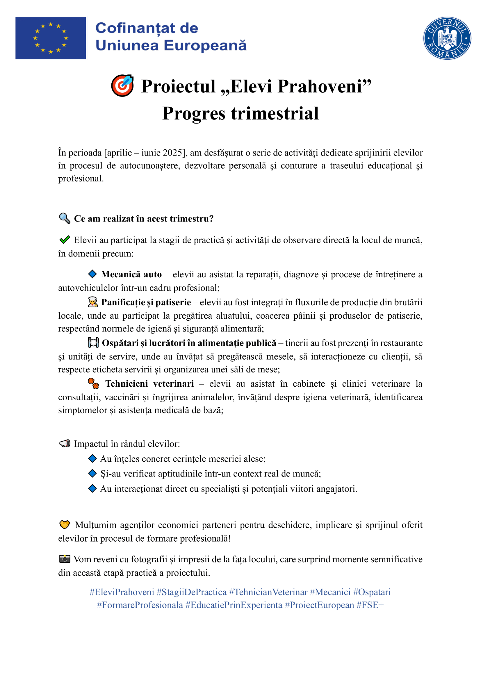 PROGRES TRIMESTRUL II - ELEVI PRAHOVENI