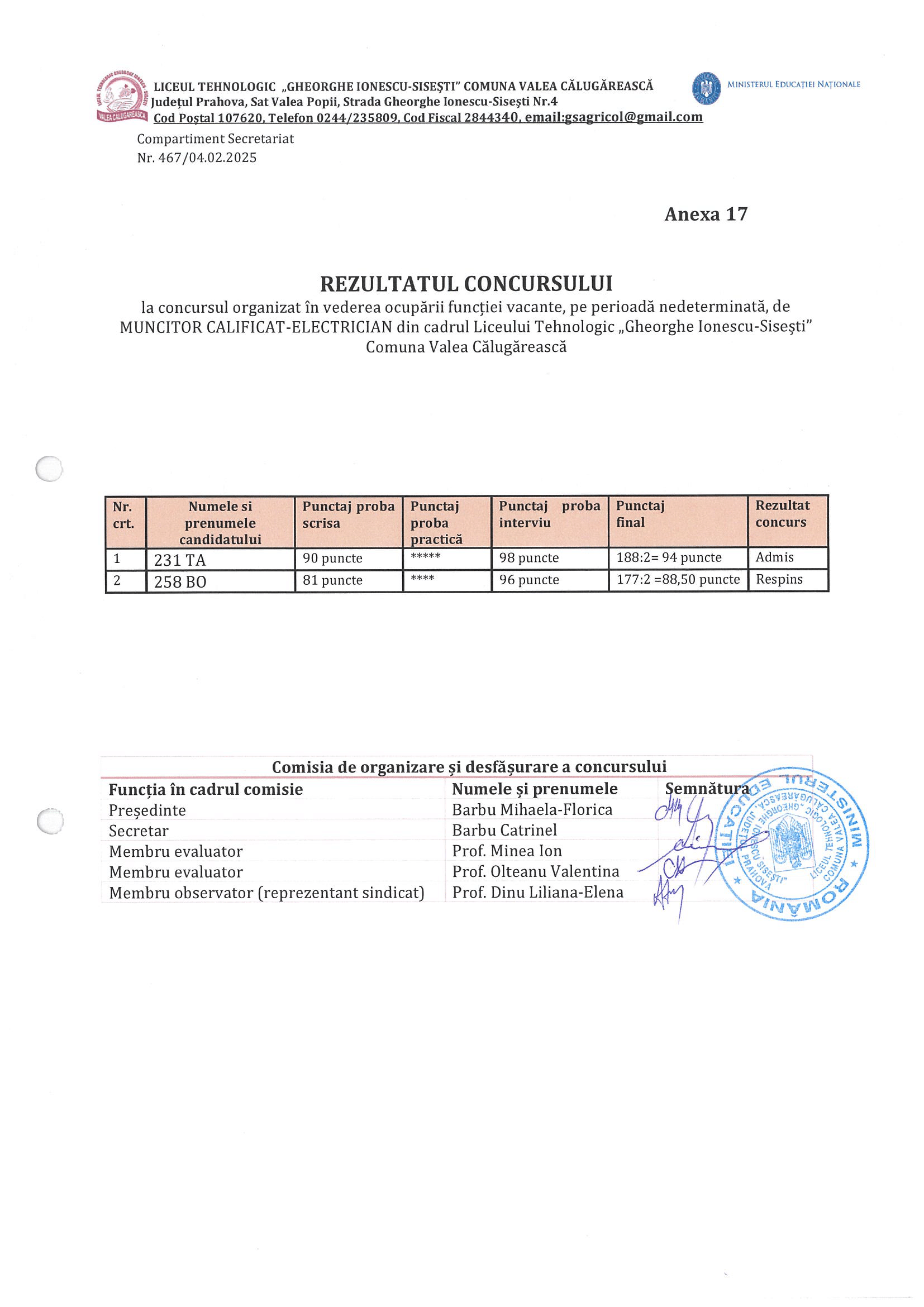 REZULTATE CONCURS ELECTRICIAN 04.02.2025
