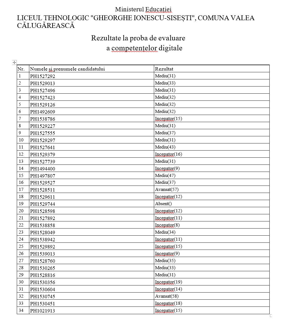 REZULTATE LA PROBA DE EVALUARE A COMPETENTELOR DIGITALE