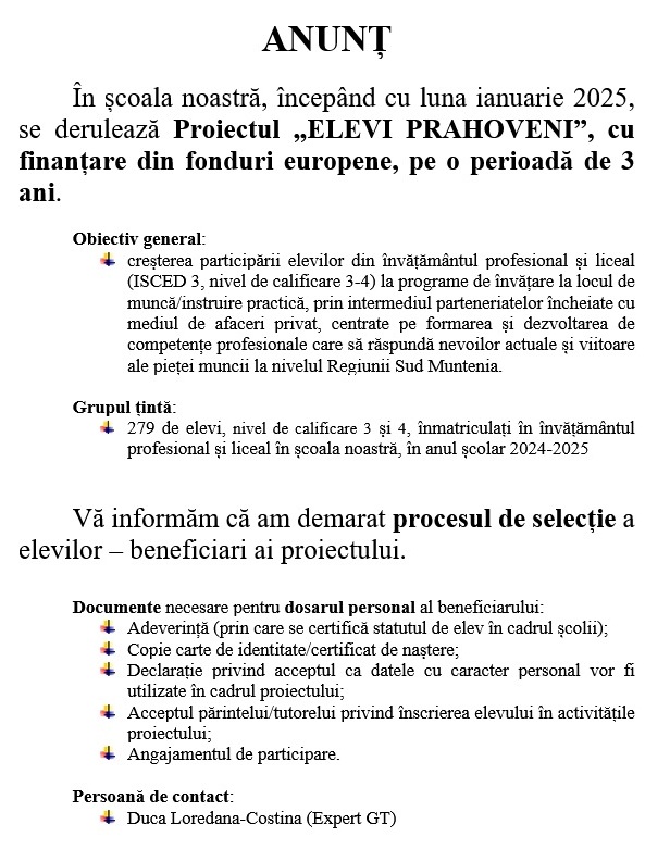 PROGRAMUL EDUCAȚIE ȘI OCUPARE - ELEVI PRAHOVENI